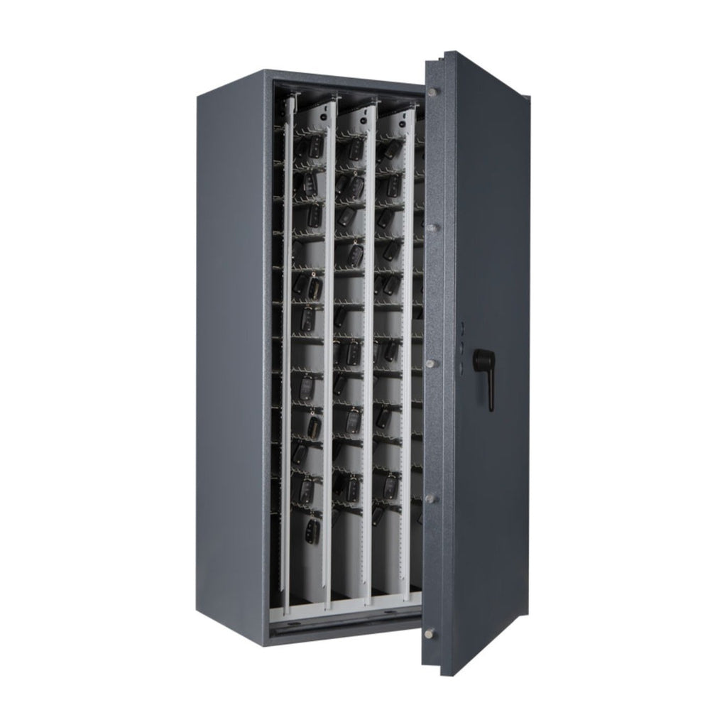 STL AS car key safe in graphite grey, angled view with door open and car keys on pull-out key racks