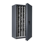 STL AS car key safe in graphite grey, angled view with door open and car keys on pull-out key racks