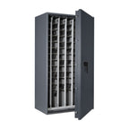 STL AS car key safe in graphite grey, door open at 45 degrees with car keys on the pull-out key racks